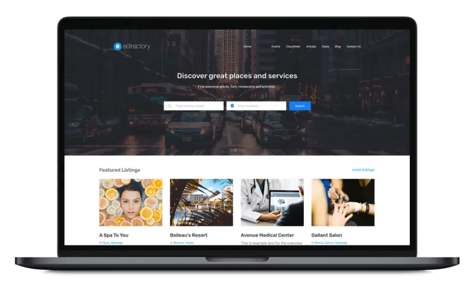 Laptop displaying eDirectory platform homepage with featured listings and search functionality for local businesses and services.