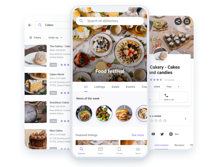Integrated App Builder interface showing native iOS and Android app examples for a food directory, highlighting no coding required, push notifications, and app store support.