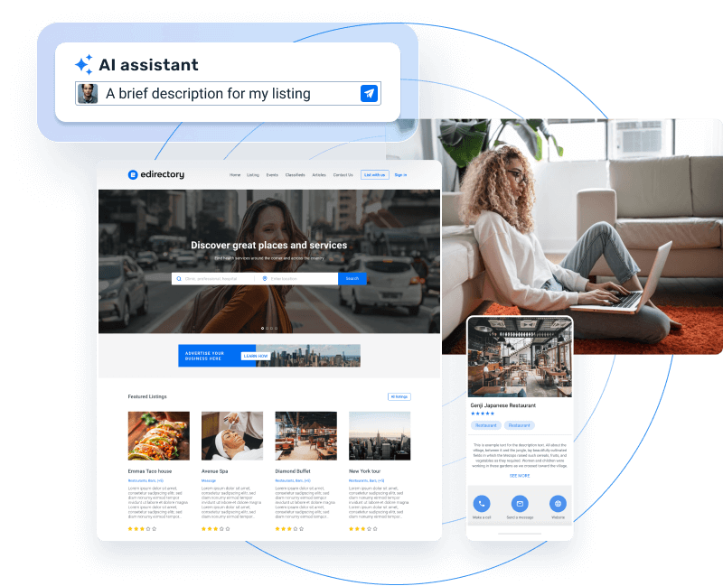 Illustration of a directory website and app powered by eDirectory, showcasing comprehensive features to grow your business