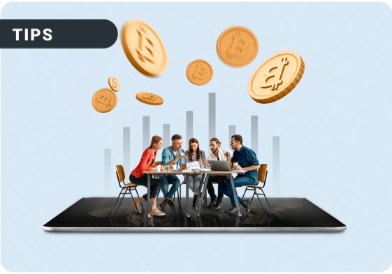 Group of people in a meeting with floating coins above a digital table, representing monetization of online directories.