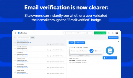 Verified user badges and email verification system in eDirectory v14 software.